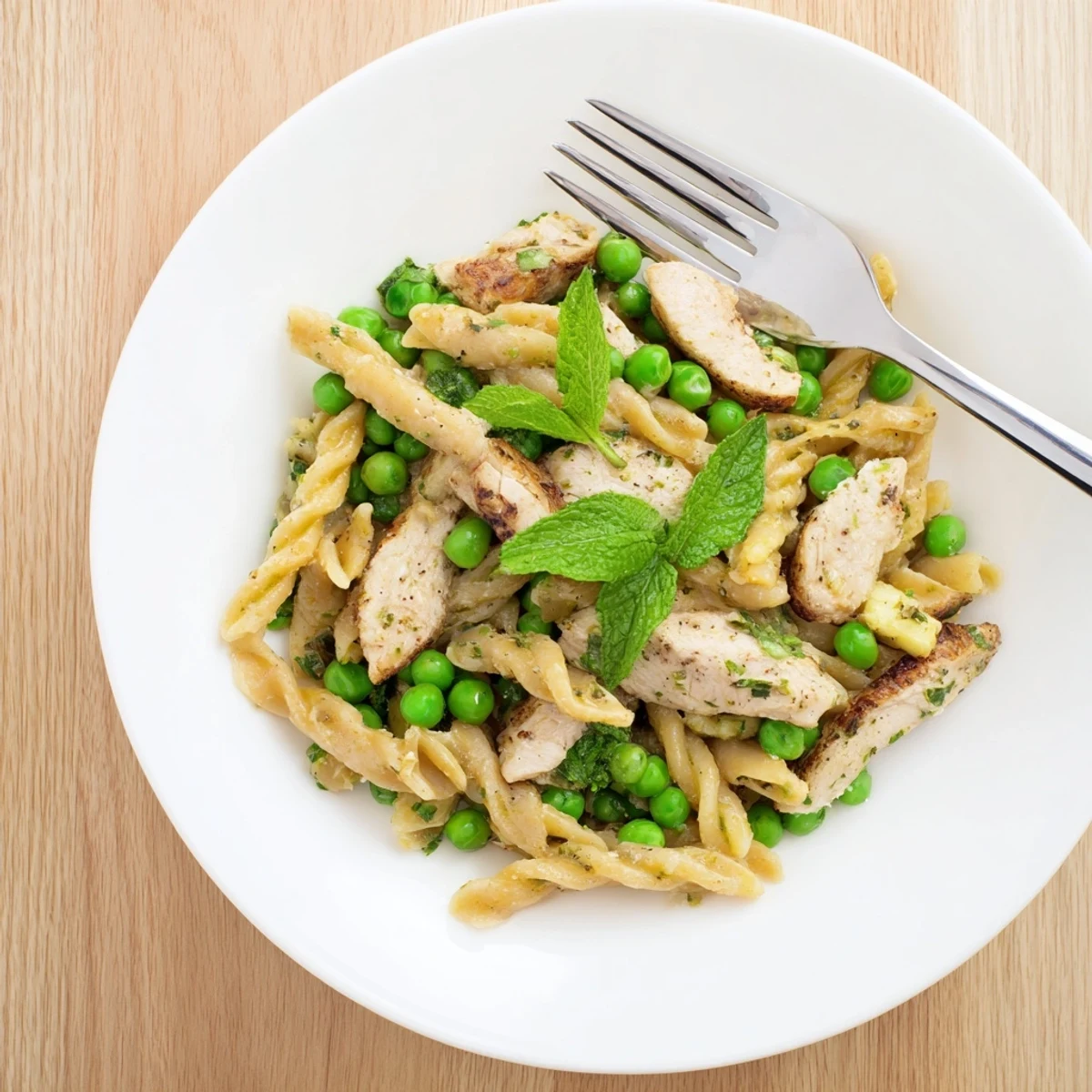 A close-up of chicken and pea pasta with fresh mint garnish and melted parmesan, perfect for spring dinners.