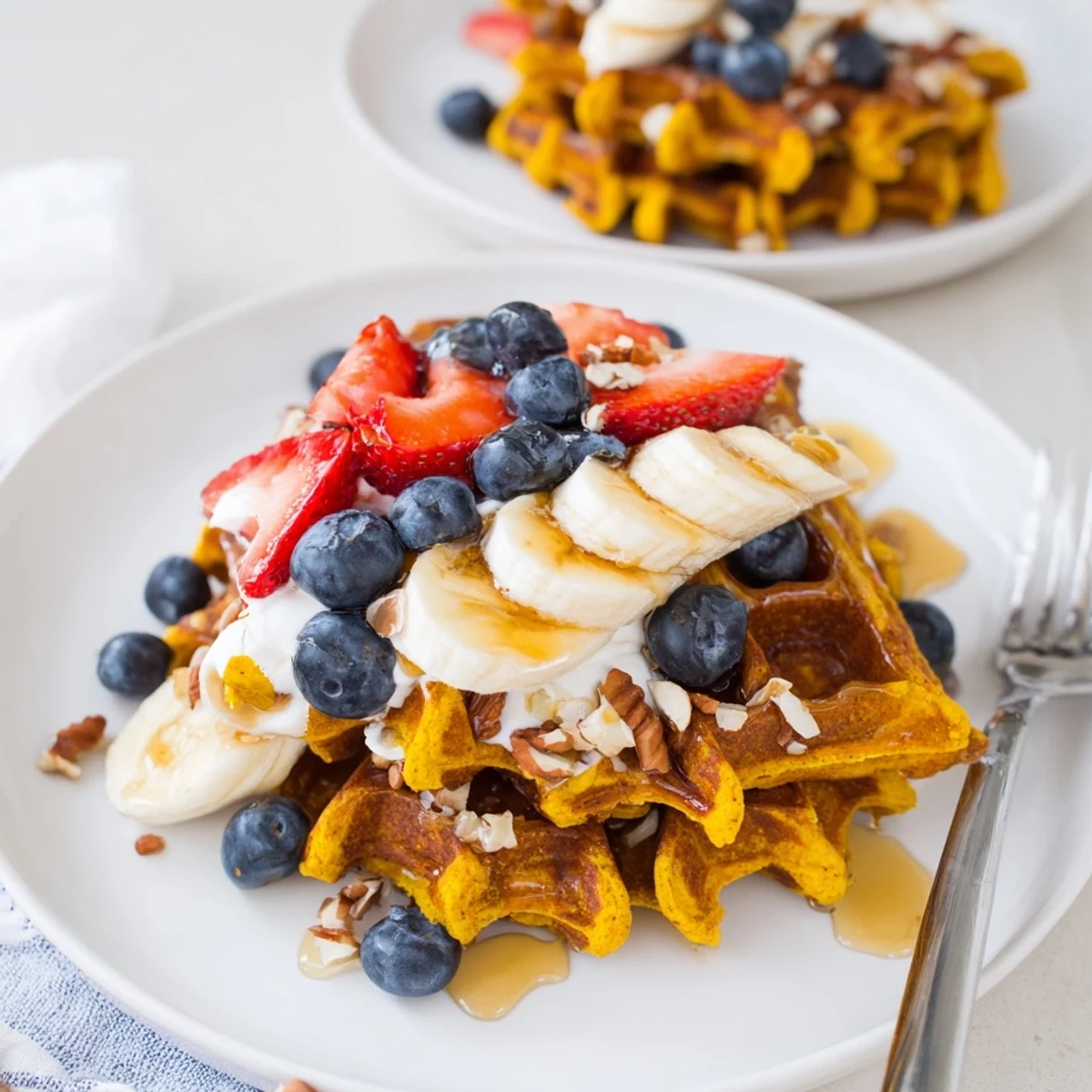 Hearty Anti-Inflammatory Adaptogenic Turmeric Waffles topped with yogurt, fresh berries, and a drizzle of honey.