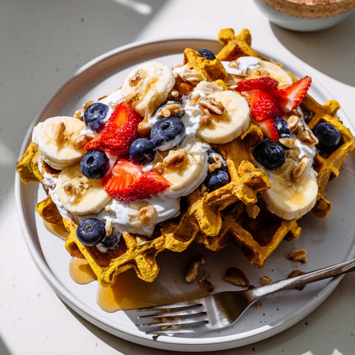 Warm Anti-Inflammatory Adaptogenic Turmeric Waffles stacked high, infused with golden turmeric and aromatic spices.