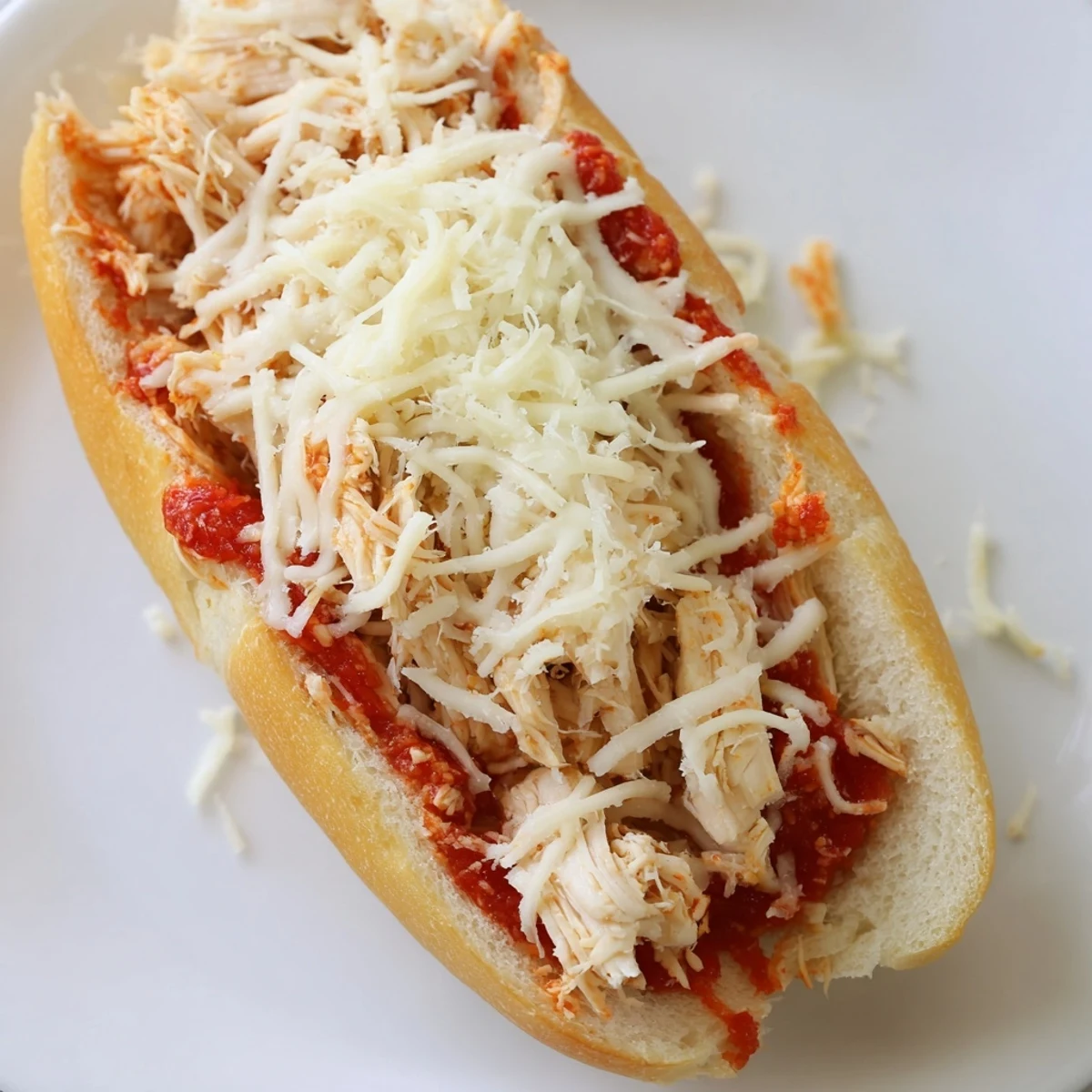 Freshly baked Chicken Parm Stuffed Garlic Bread boats are overflowing with melted mozzarella and bubbly marinara sauce on a rustic wooden board. Golden bread edges frame the hearty chicken filling, creating an irresistible appetizer perfect for a game day spread.