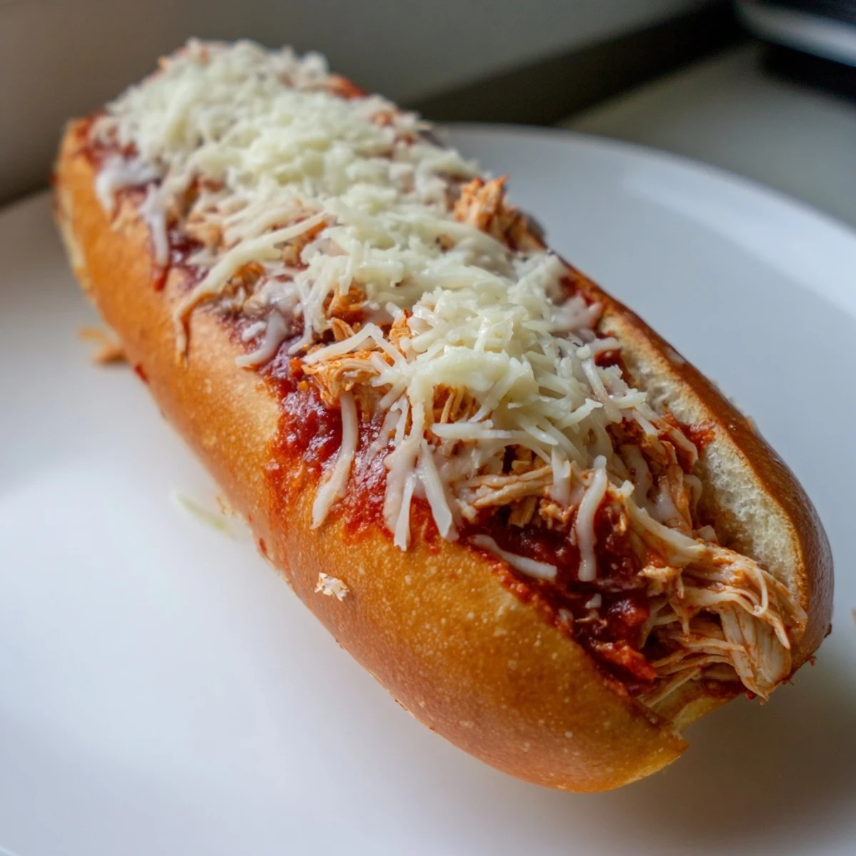 A close-up view showcases a warm slice of Chicken Parm Stuffed Garlic Bread held on a fork, revealing tender chicken inside. Rich red marinara sauce and golden, bubbling cheese create a mouthwatering texture against the buttery garlic bread crust.