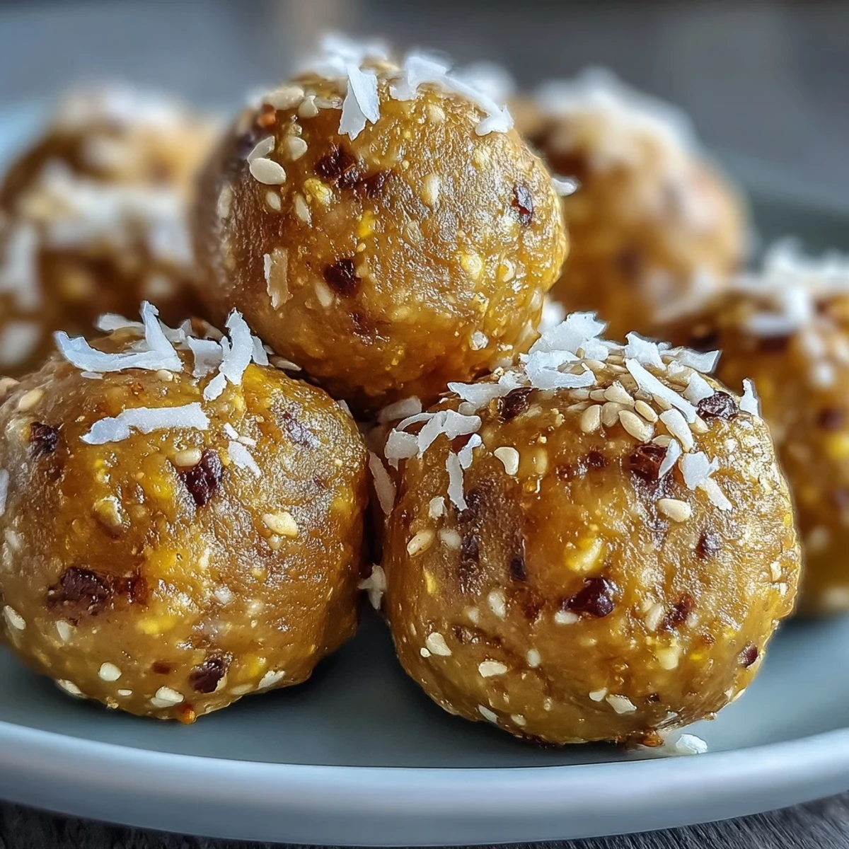 A close-up of golden Ginger Turmeric Energy Balls with shredded coconut on a rustic wooden board, ready to enjoy.  