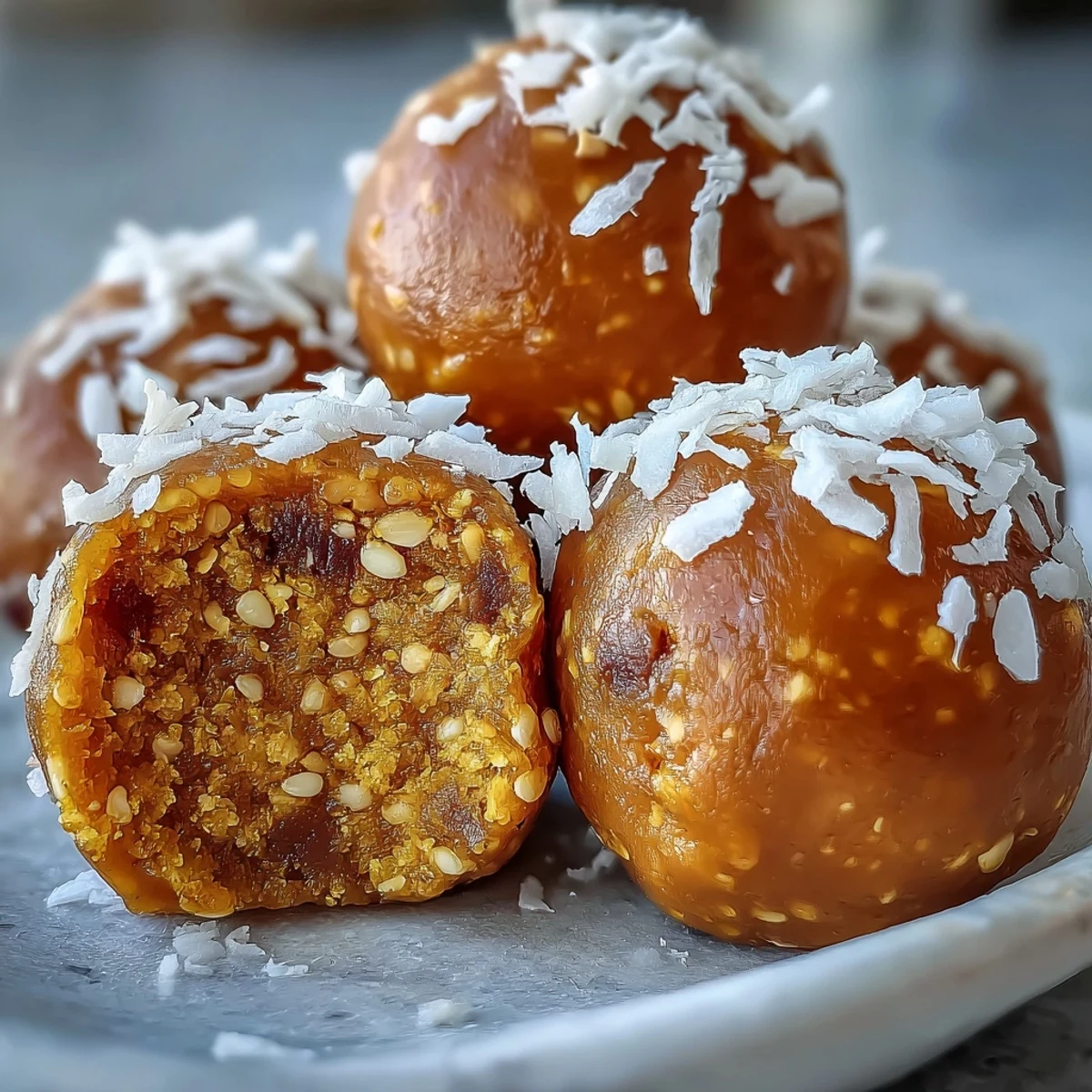 Twelve vibrant, golden-hued Ginger Turmeric Energy Balls arranged on a marble surface beside fresh ginger root.  