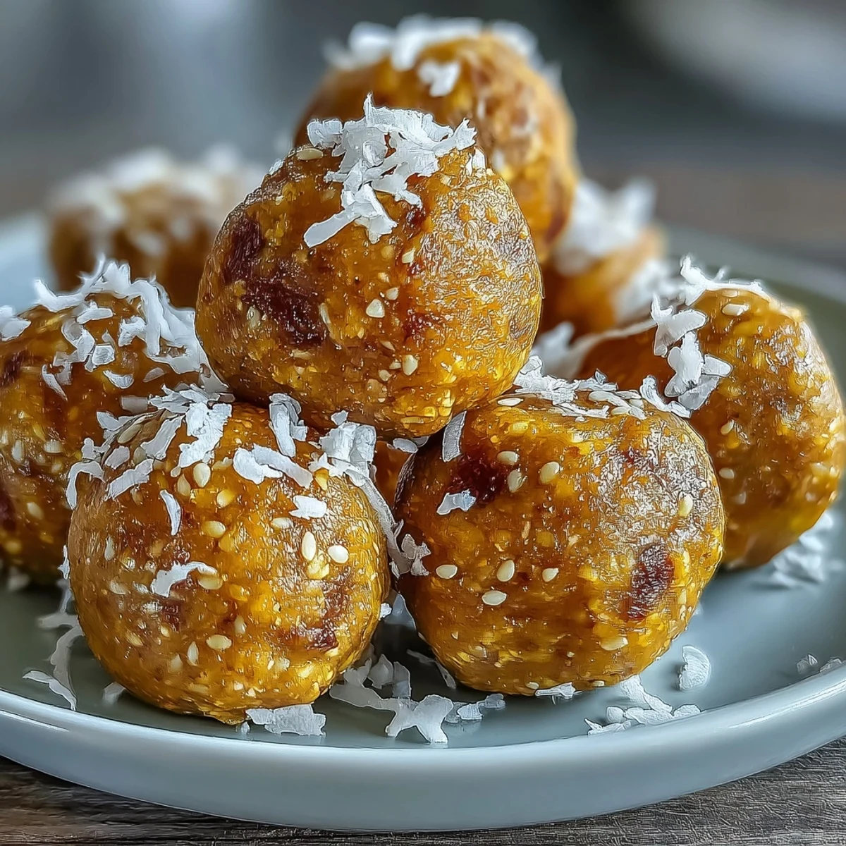 A hand reaching for a single Ginger Turmeric Energy Ball on a plate, paired with a cup of golden milk.
