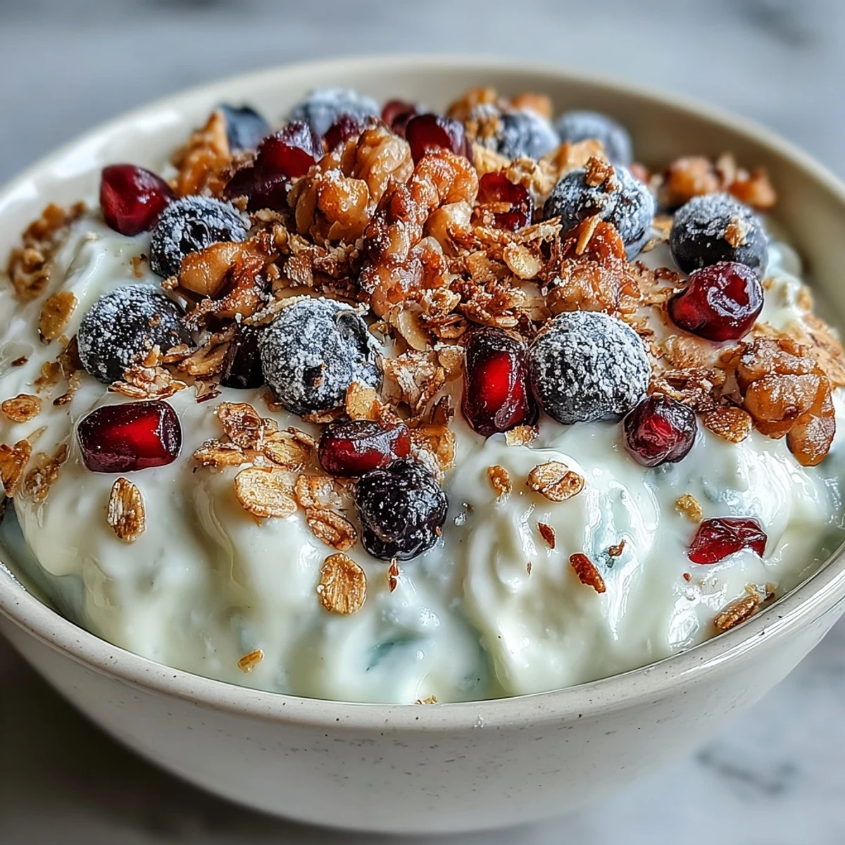 Creamy probiotic yogurt topped with jewel-toned winter berries and a cinnamon-spiced crunchy oat and nut topping.  