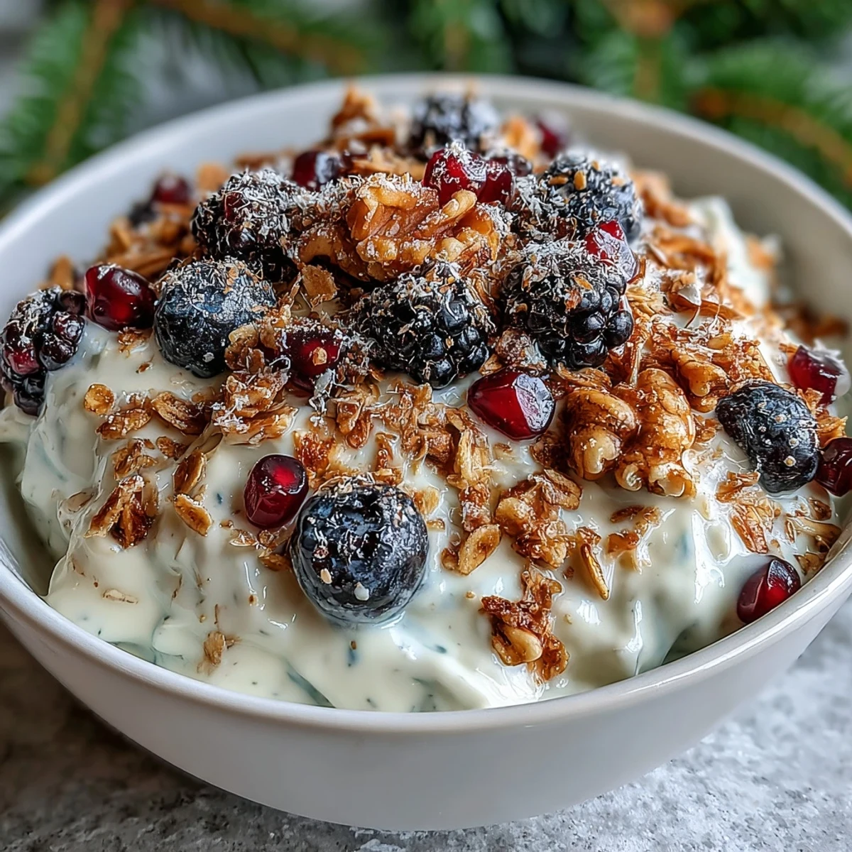 A cozy breakfast bowl with spiced crunch, sweet maple, and vibrant blueberries and pomegranate seeds.  