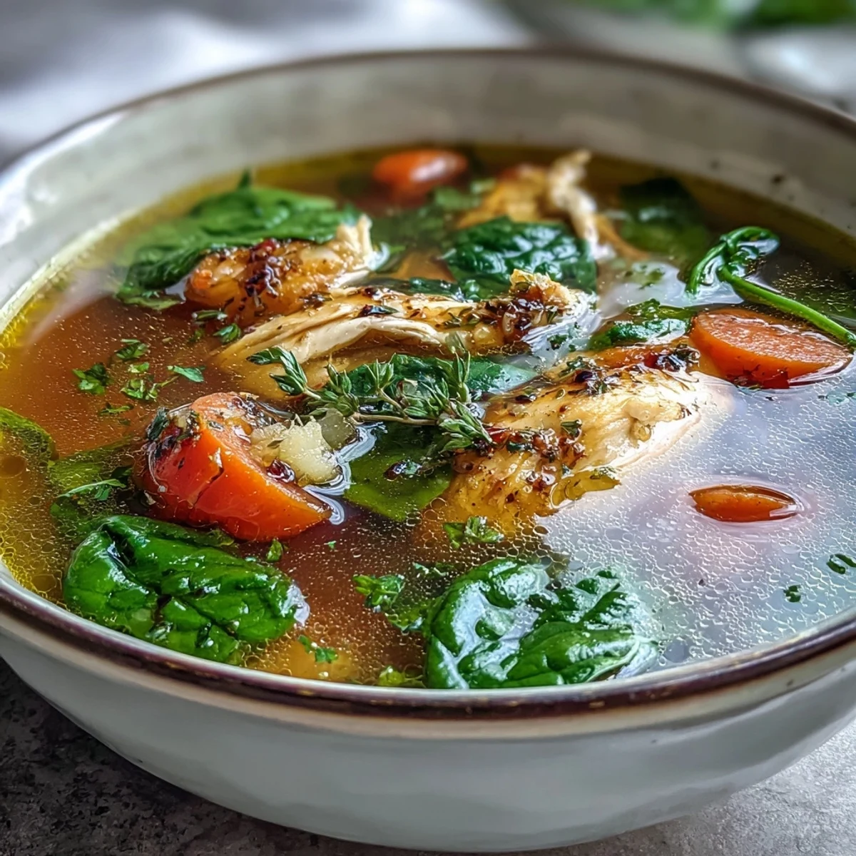 Golden Turmeric Chicken Soup simmering in a rustic pot, featuring tender chicken, vibrant carrots, and fresh spinach garnished with parsley.  