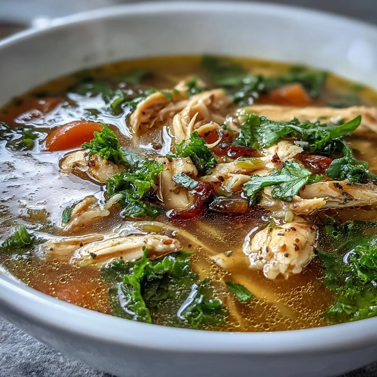 Golden turmeric and zesty lemon chicken soup with tender shredded chicken and baby kale, served in a rustic bowl.