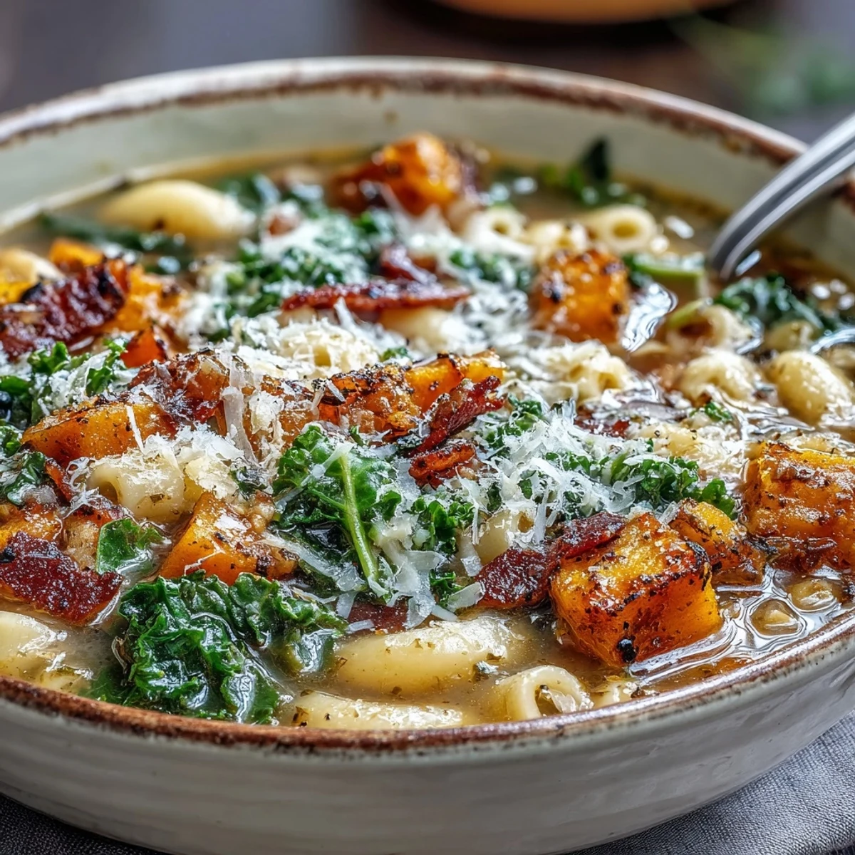 A warm bowl of Fall Minestrone loaded with butternut squash, kale, and creamy white beans.
