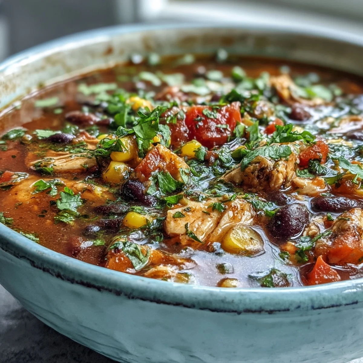 A close-up of steaming Southwestern Turkey Soup with turkey, black beans, and corn in a rustic bowl topped with avocado.
