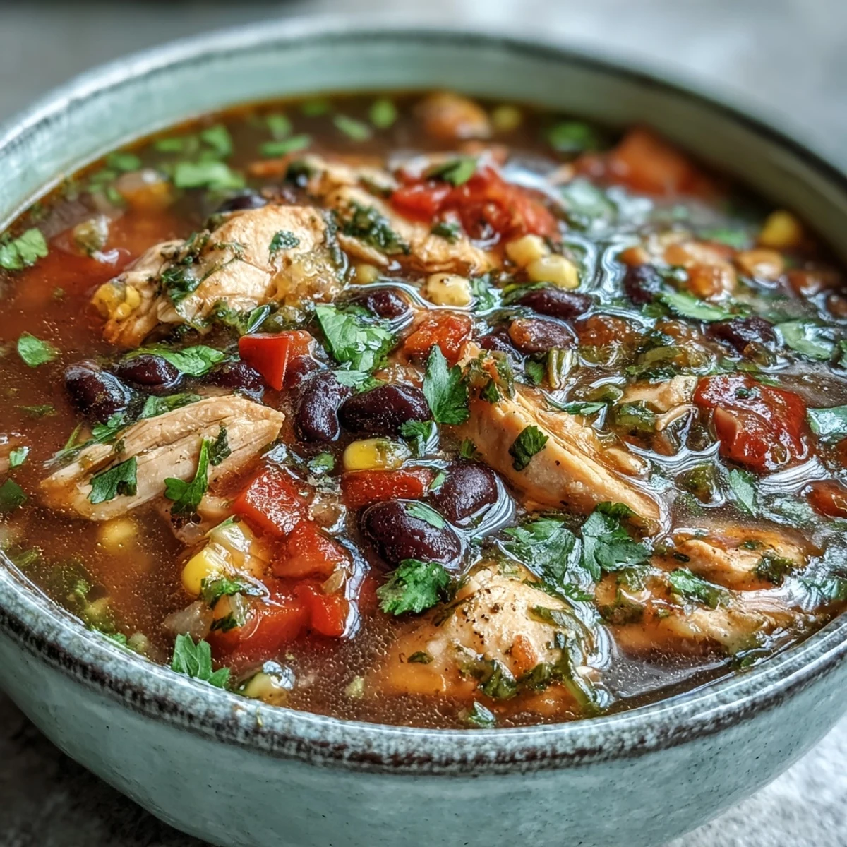 Fresh cilantro, diced red bell pepper, and crumbled tortilla chips garnish a ladle of homemade Southwestern Turkey Soup.