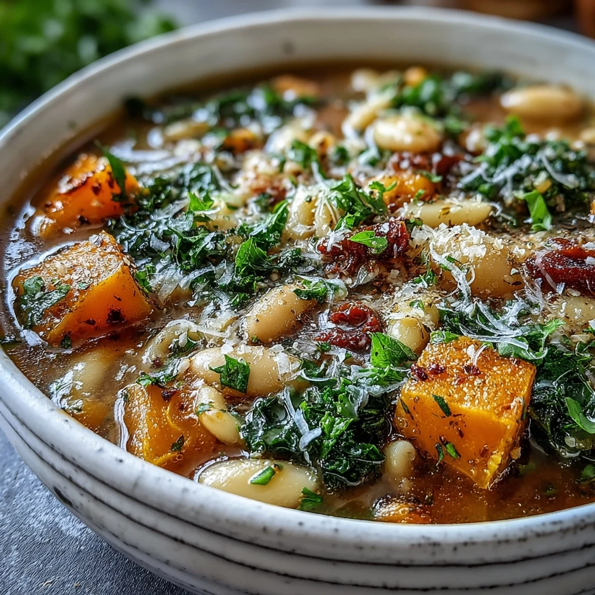 Steaming bowl of Winter Minestrone Soup with kale and butternut squash next to crusty bread.