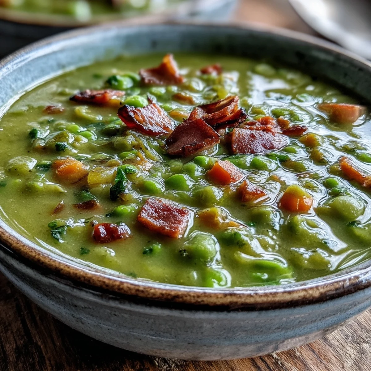 A comforting bowl of Split Pea and Ham Soup, garnished with fresh thyme and served alongside crusty bread for dipping.