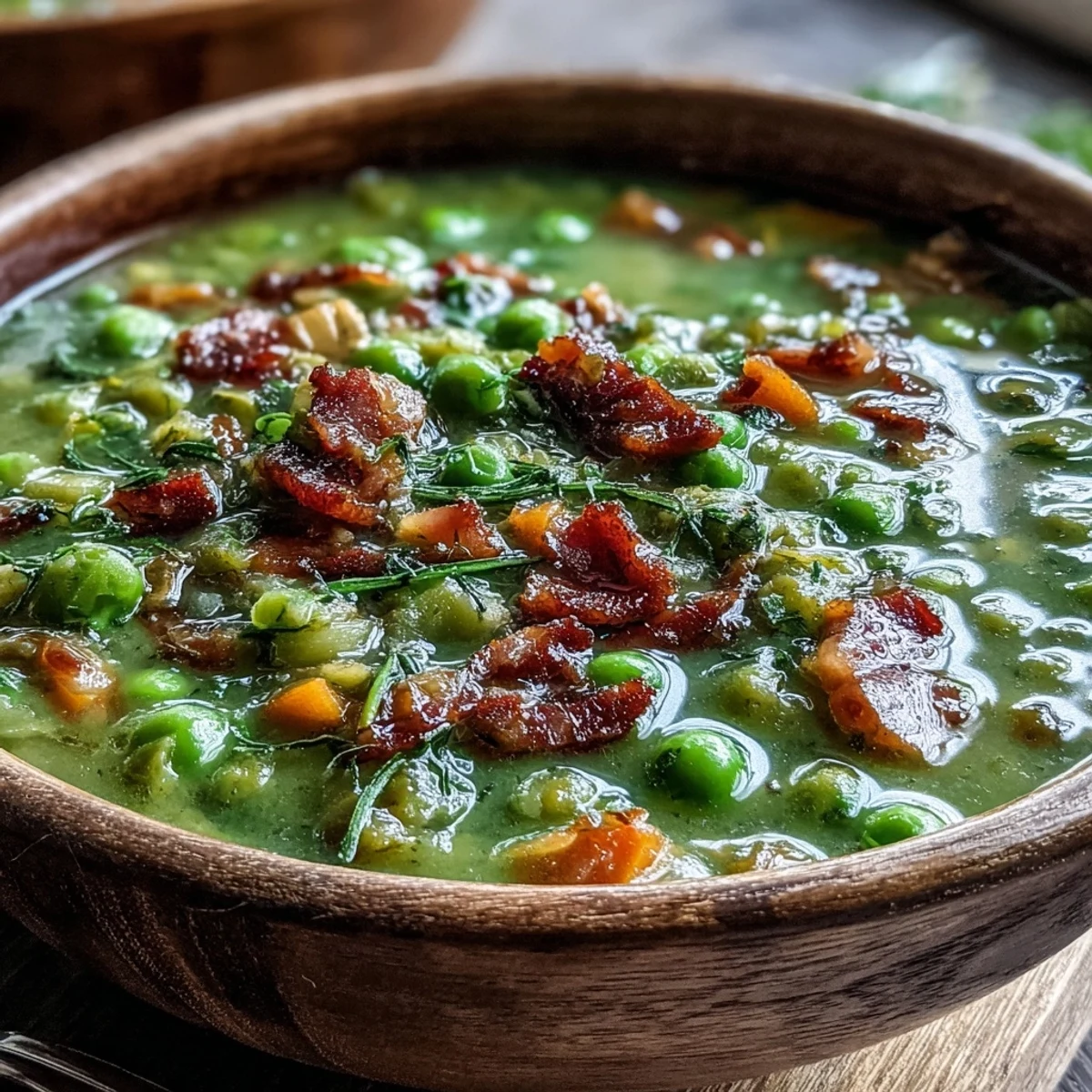 Homemade Split Pea and Ham Soup simmering in a pot, showing a creamy green texture and diced carrots and celery throughout.