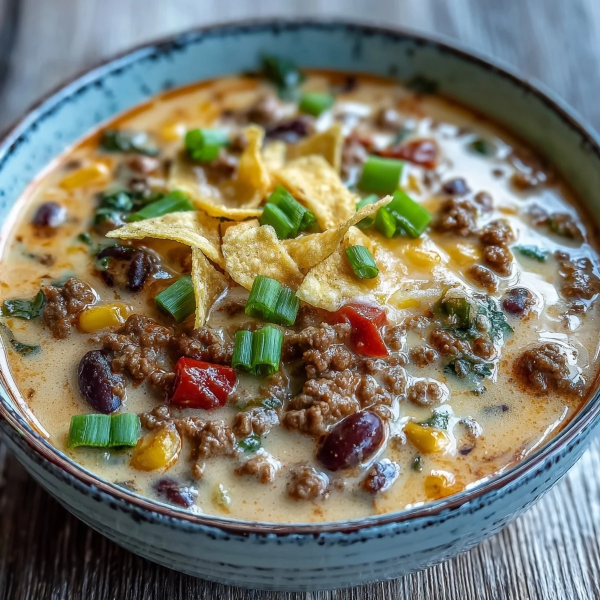A pot of Creamy Taco Soup simmering with ground beef, black beans, corn, and peppers on a cozy winter night.