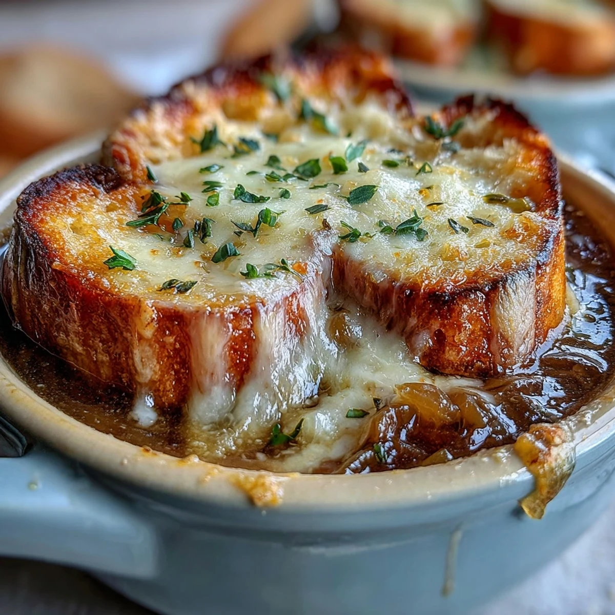 Golden, cheesy Dutch Oven French Onion Soup bubbling over a toasted baguette slice, served in a rustic earthenware bowl.