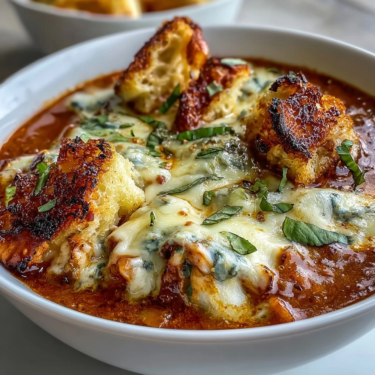 Close-up of a steaming bowl of Grilled Chicken Parmesan Soup, featuring tender shredded chicken, rich tomato broth, and melted Parmesan and mozzarella cheese.