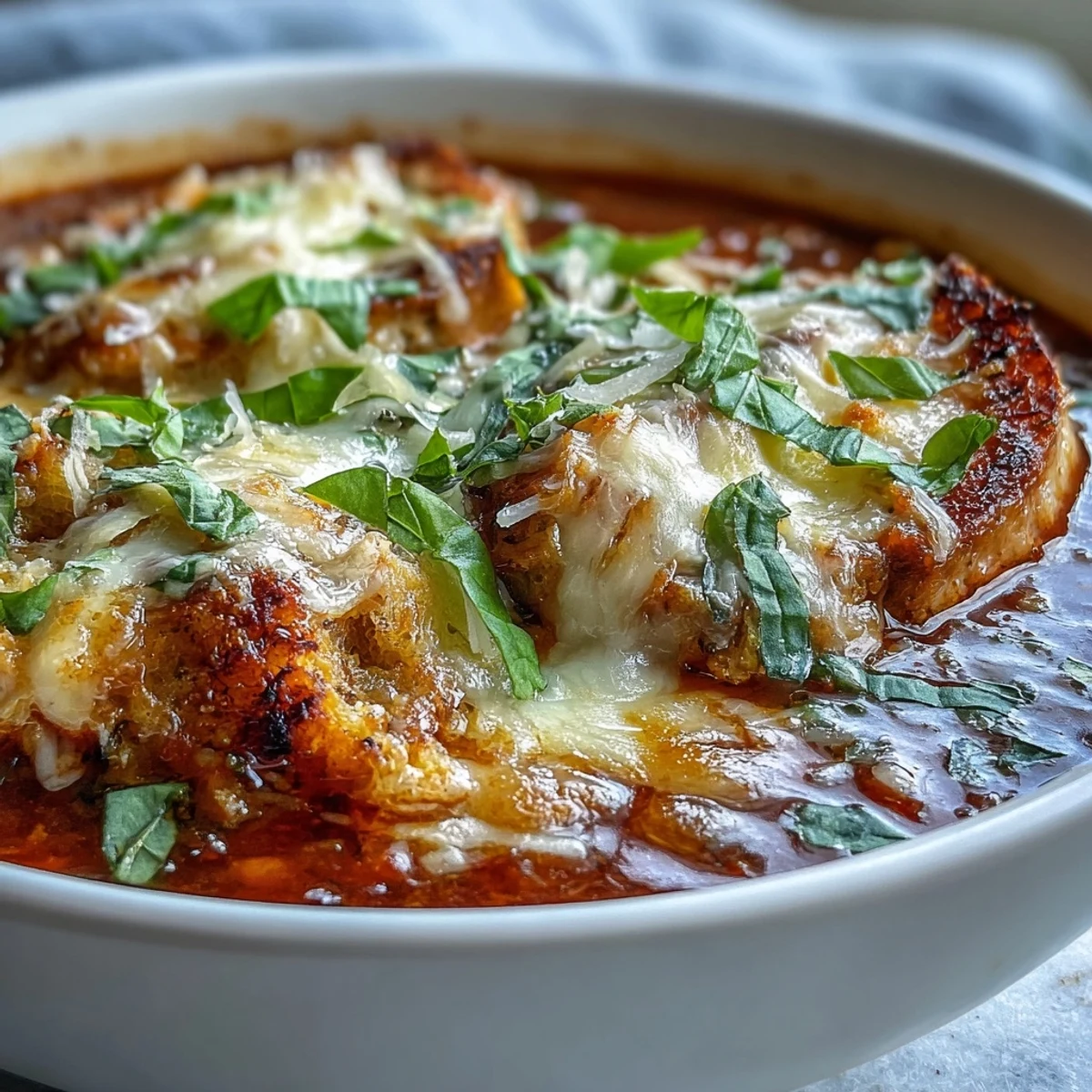 A hearty bowl of Grilled Chicken Parmesan Soup garnished with fresh basil, a sprinkle of extra cheese, and crunchy garlic croutons on top.