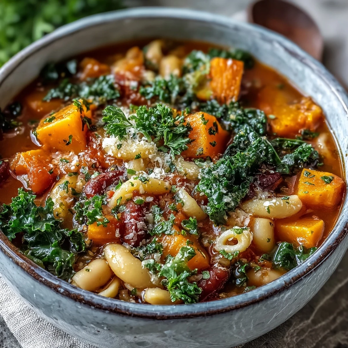 Steaming Winter Minestrone Soup With Butternut Squash and Kale ladled into a rustic bread bowl, topped with grated Parmesan and fresh parsley.