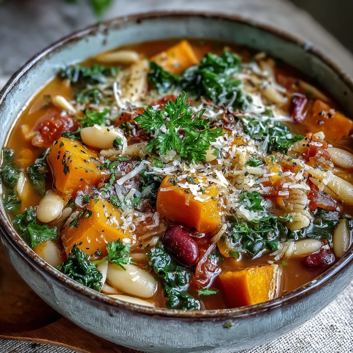 A hearty bowl of Winter Minestrone Soup With Butternut Squash and Kale, featuring vibrant kale, tender beans, and pasta in rich tomato broth.