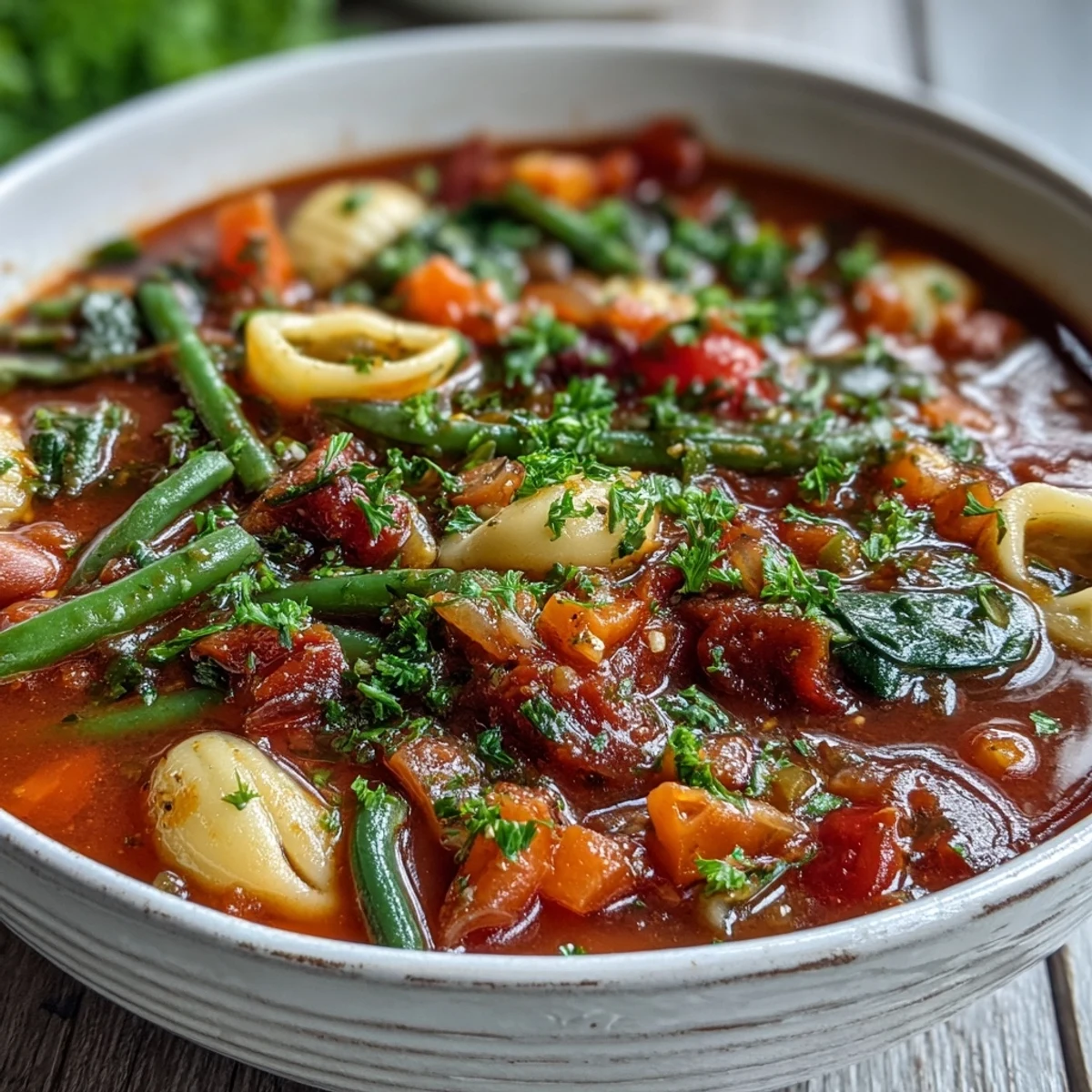 A bowl of Minestrone Soup with red kidney beans, ditalini pasta, and fresh parsley garnish.