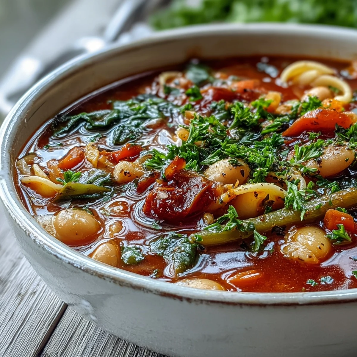 Steaming Minestrone Soup in a rustic pot with colorful vegetables and cannellini beans.