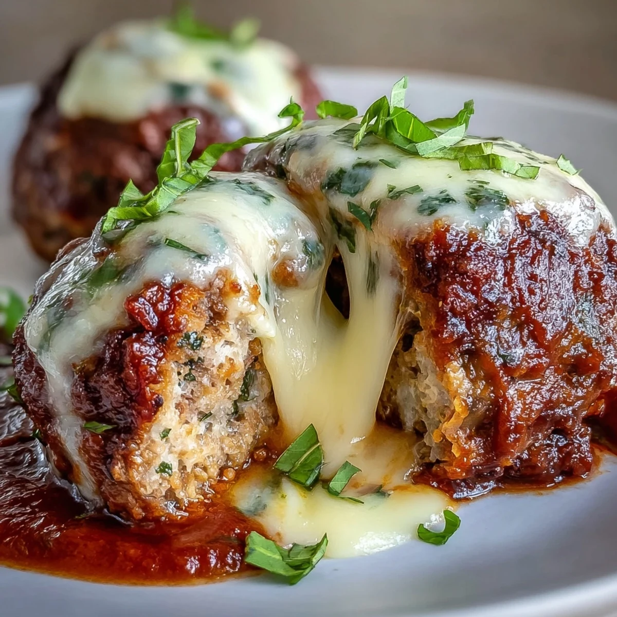 Golden-brown Cheesy, Garlicky Meatballs With Marinara, simmered in rich red sauce and topped with fresh basil.