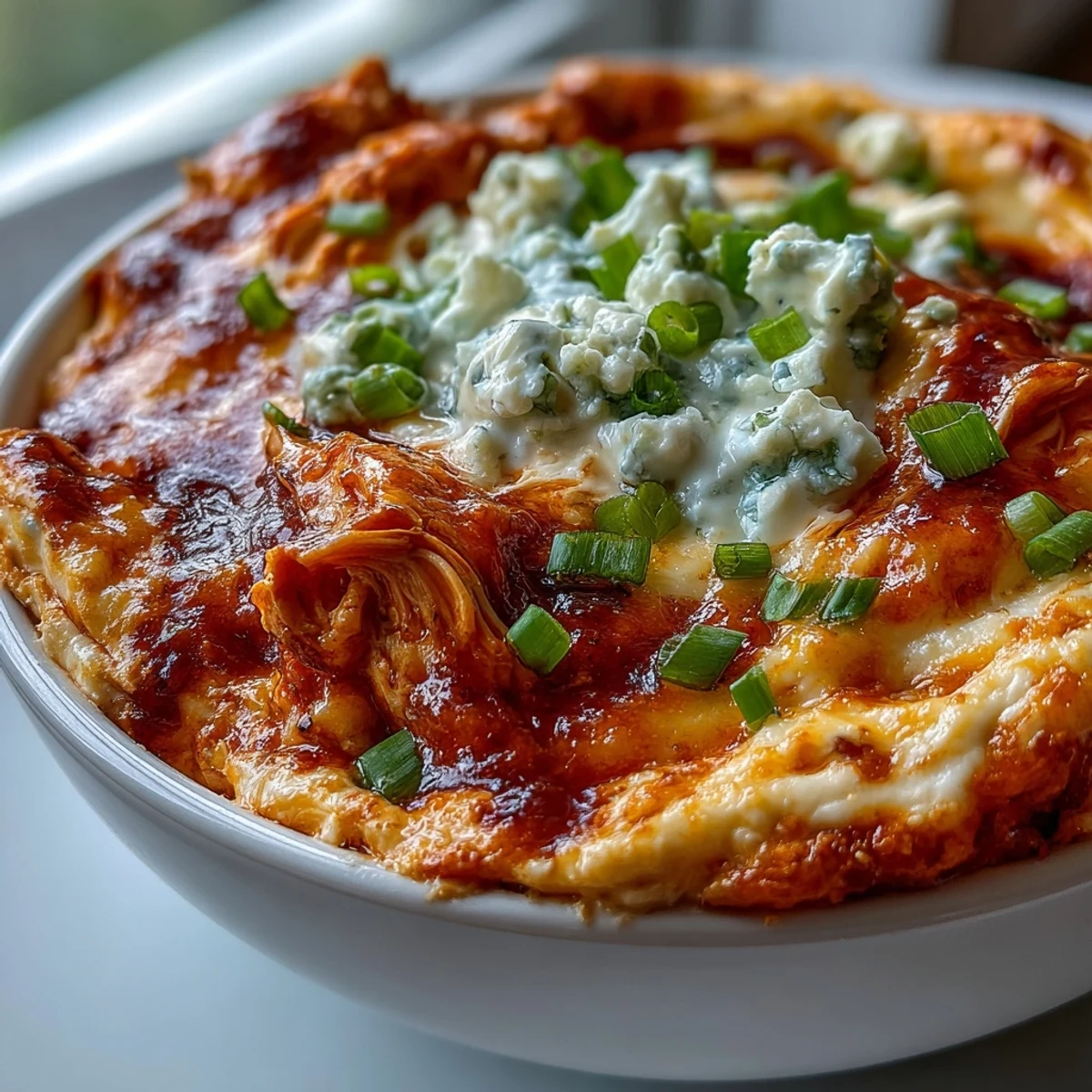 A close-up of the creamy, bubbly Crock Pot Buffalo Chicken Dip in a slow cooker, topped with melted cheese and fresh scallions.  