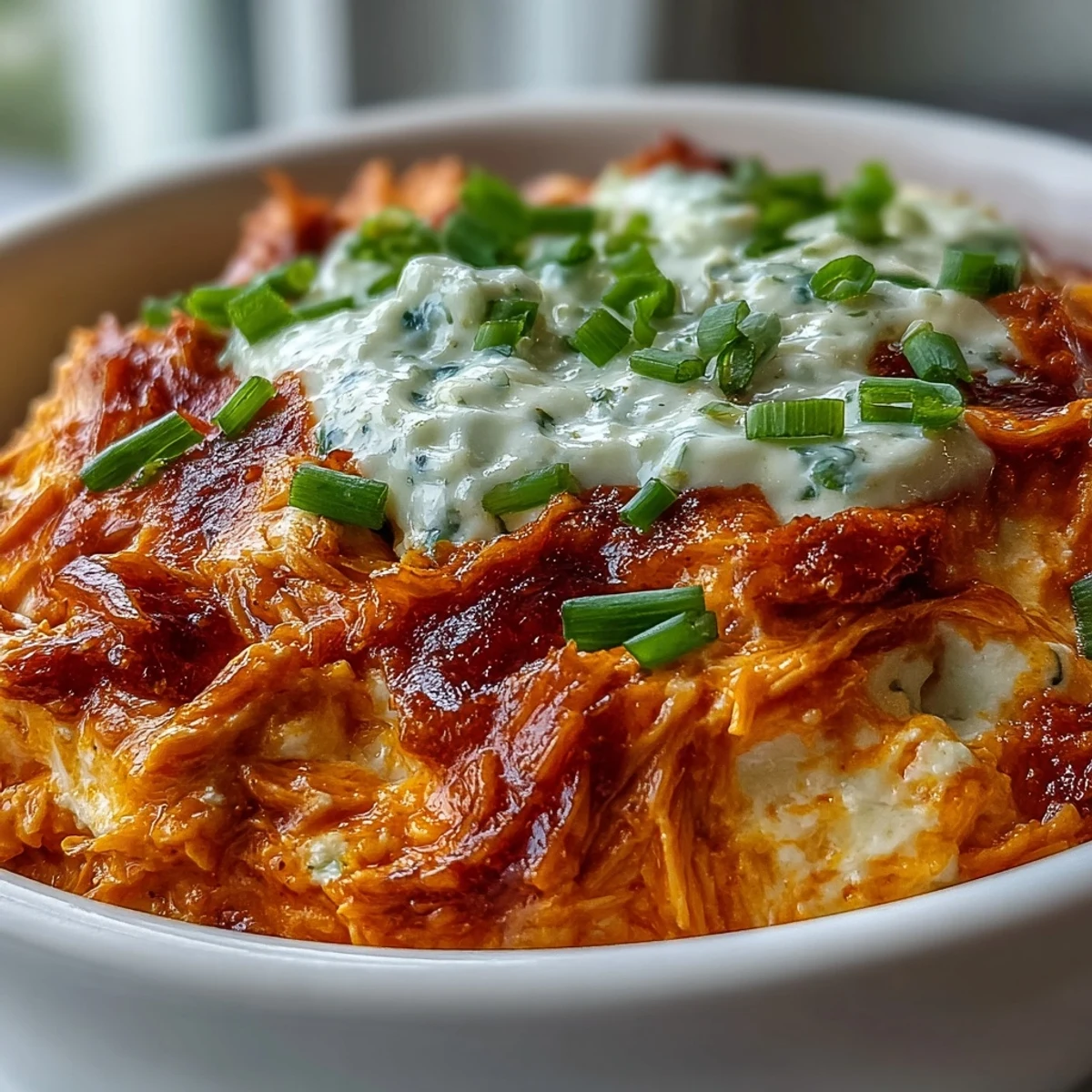 The finished Crock Pot Buffalo Chicken Dip is served warm in a bowl, with crunchy celery sticks and blue tortilla chips for dipping.  