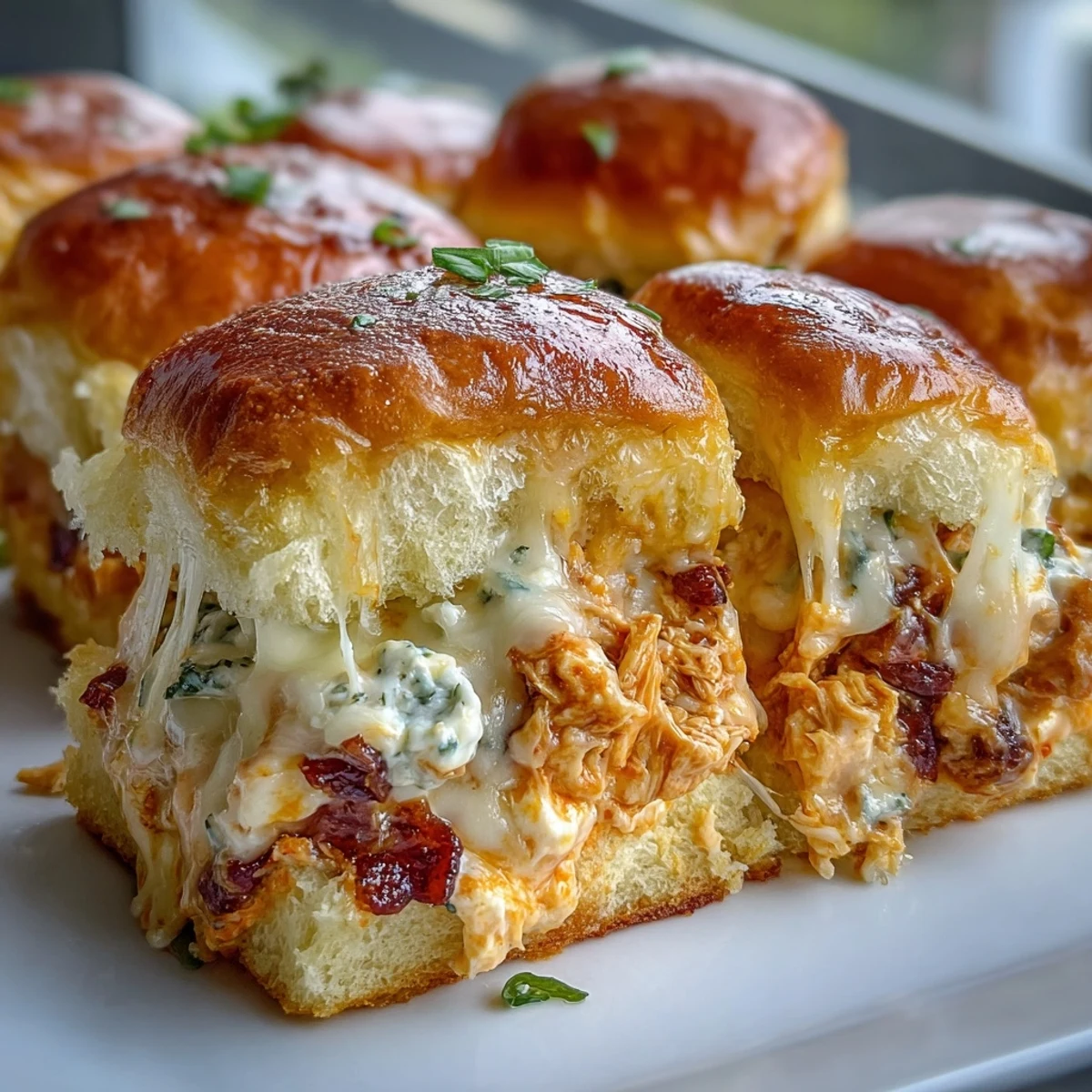 Savory Pizza Dip Sliders feature shredded chicken in spicy Buffalo sauce, layered with ranch and sour cream under a gooey cheese blanket.