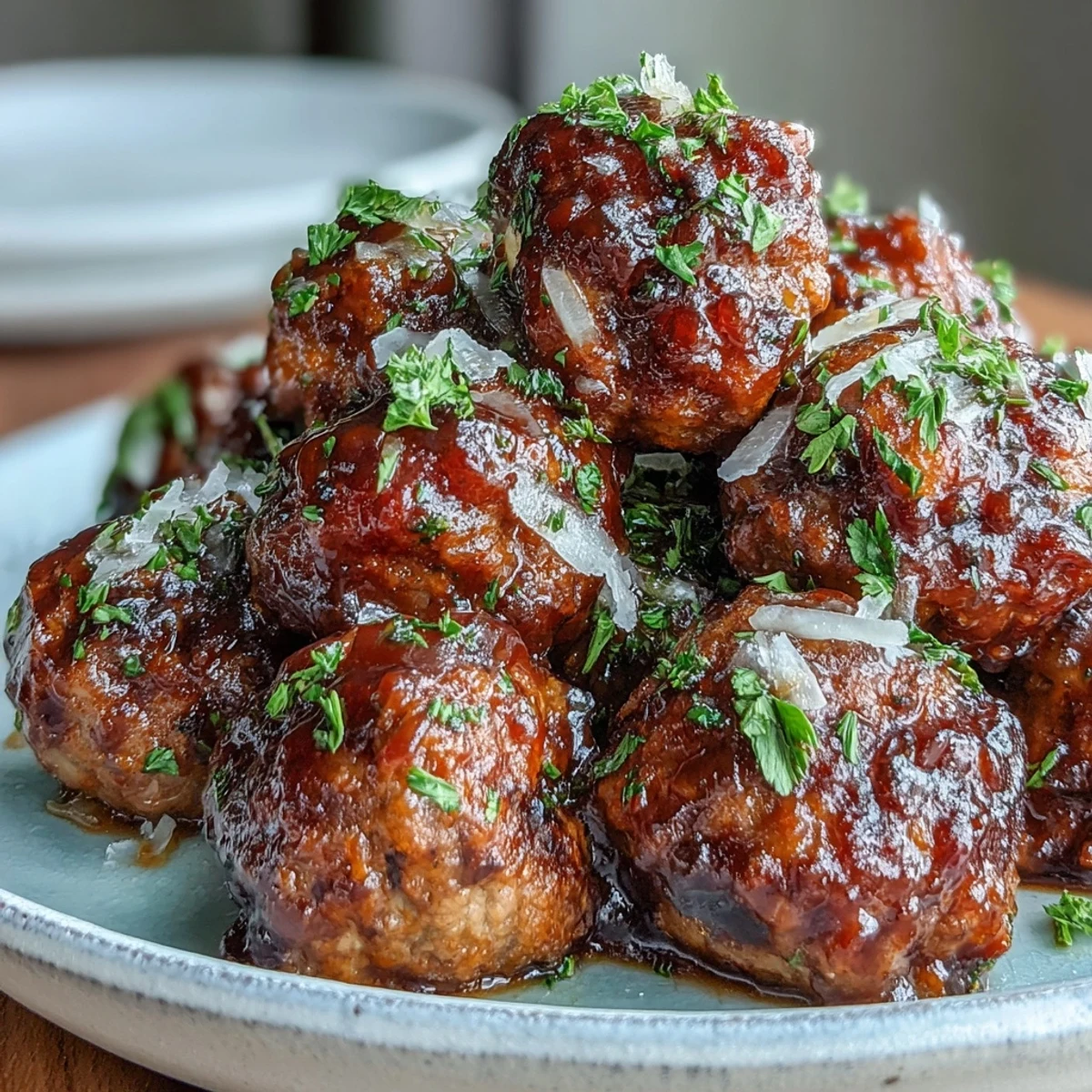 Glossy Slow Cooker Peach Glazed Meatballs simmering in a rich, tangy sauce, served family-style on a platter.