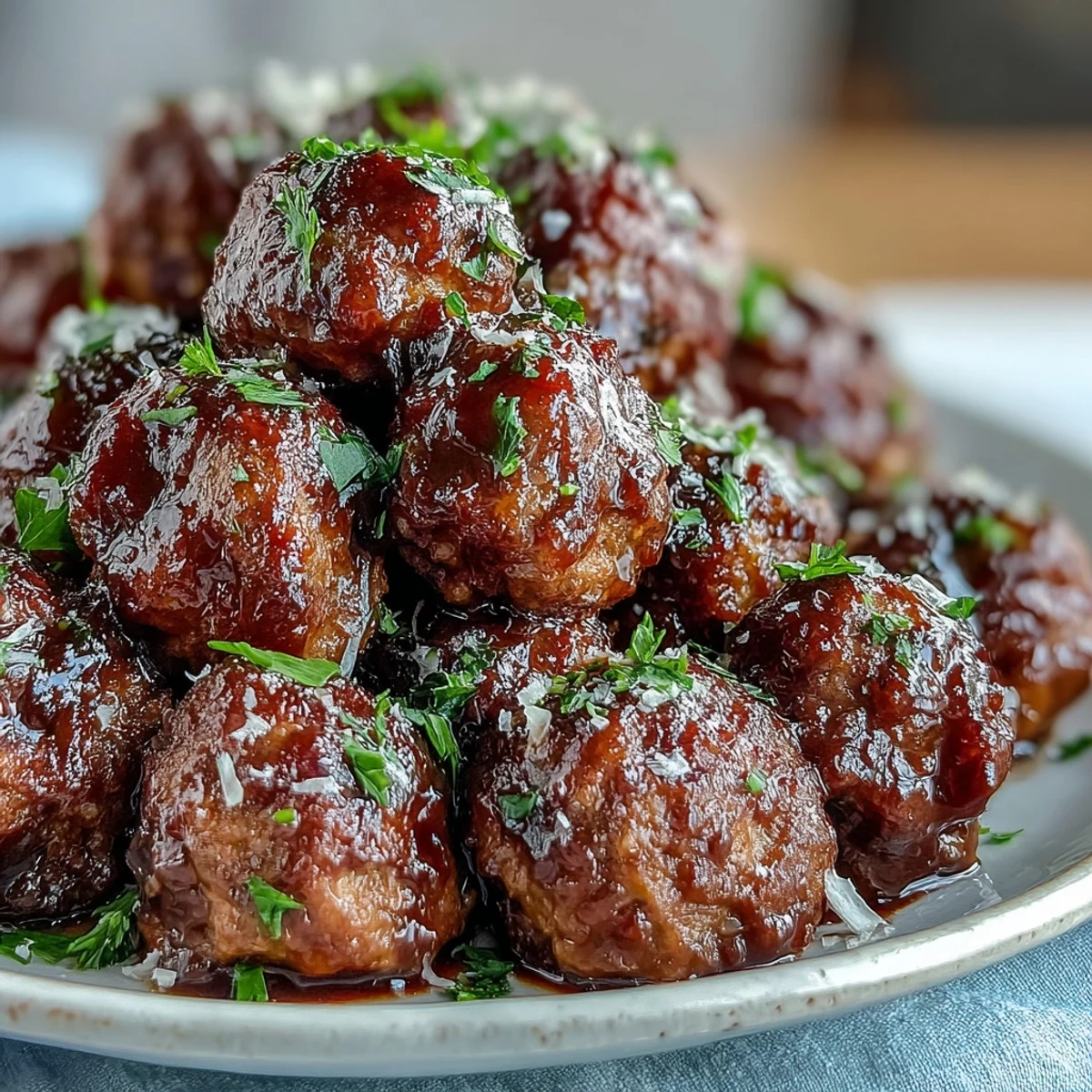 Juicy Slow Cooker Peach Glazed Meatballs garnished with fresh parsley, ideal for an appetizer spread or party.