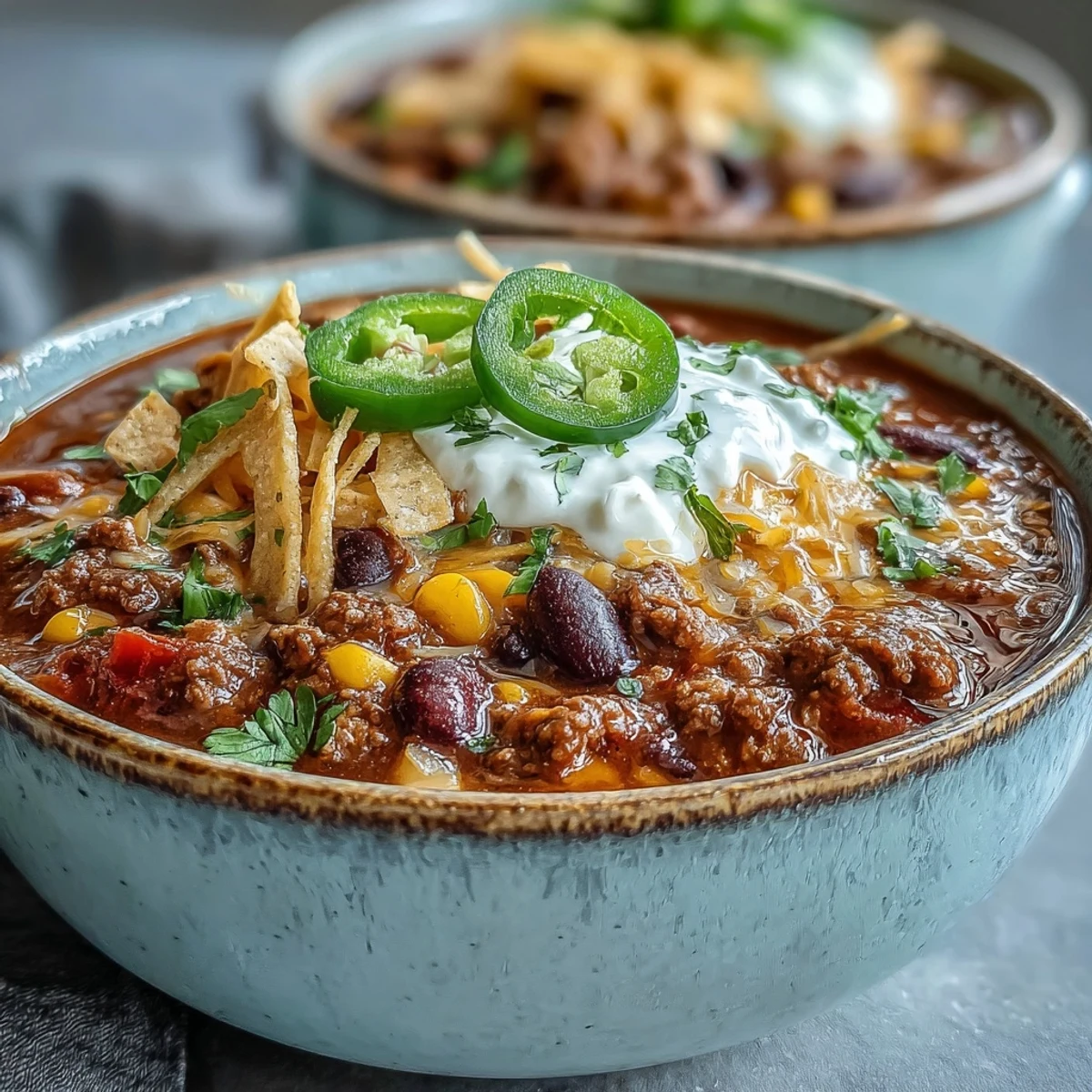 Steaming bowl of Taco Soup garnished with shredded cheddar cheese and fresh cilantro leaves.