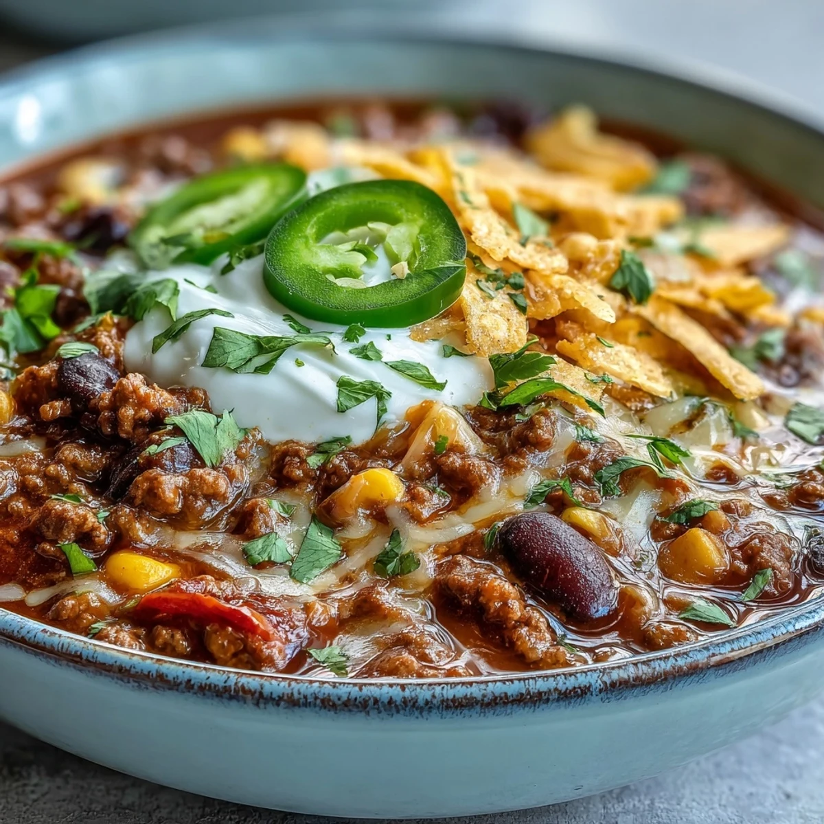 Ladled Taco Soup topped with sour cream and crushed tortilla chips for a Tex-Mex meal.