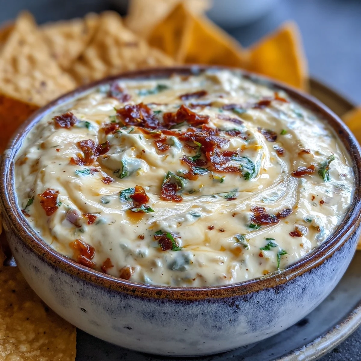 A close-up of rich Queso Dip reveals melted cheddar, jalapeños, and a side of crunchy chips.