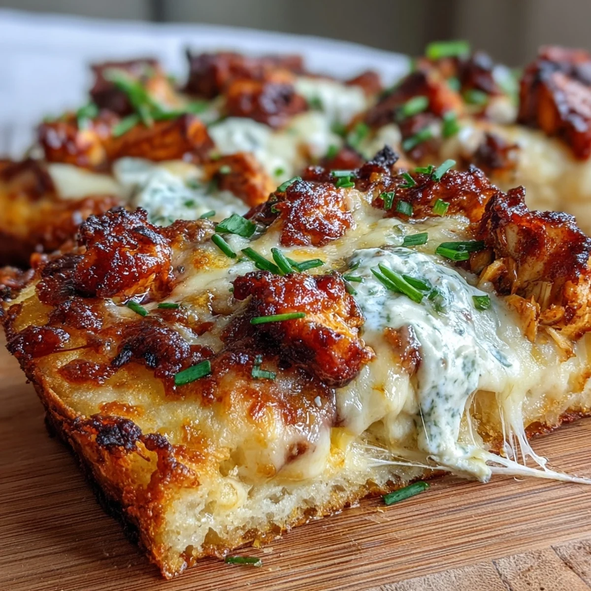 Golden Buffalo Chicken Pizza fresh from the oven, garnished with fresh chives and blue cheese crumbles, served on a wooden board.