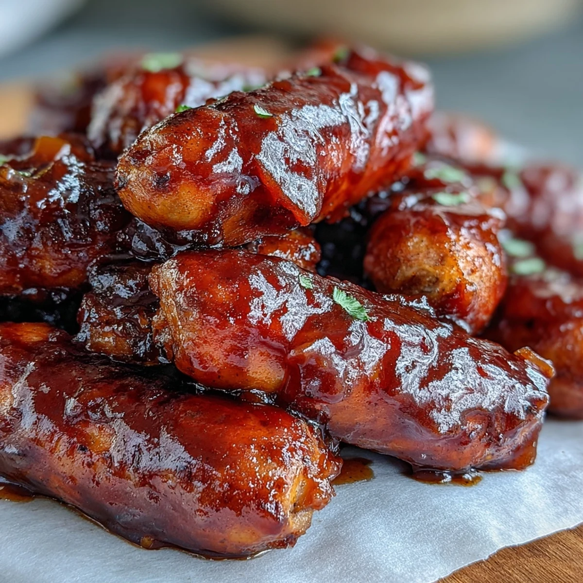 Golden-brown Little Smokies coated in sticky barbecue sauce, ready to serve from the slow cooker at a festive gathering.
