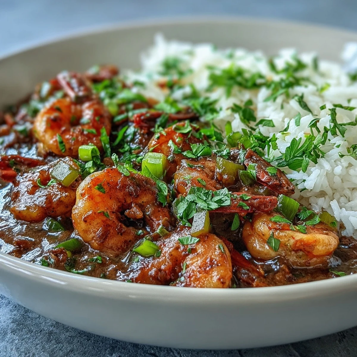 A close-up of Classic New Orleans Étouffée, featuring shrimp in a rich, dark roux with bell peppers. 