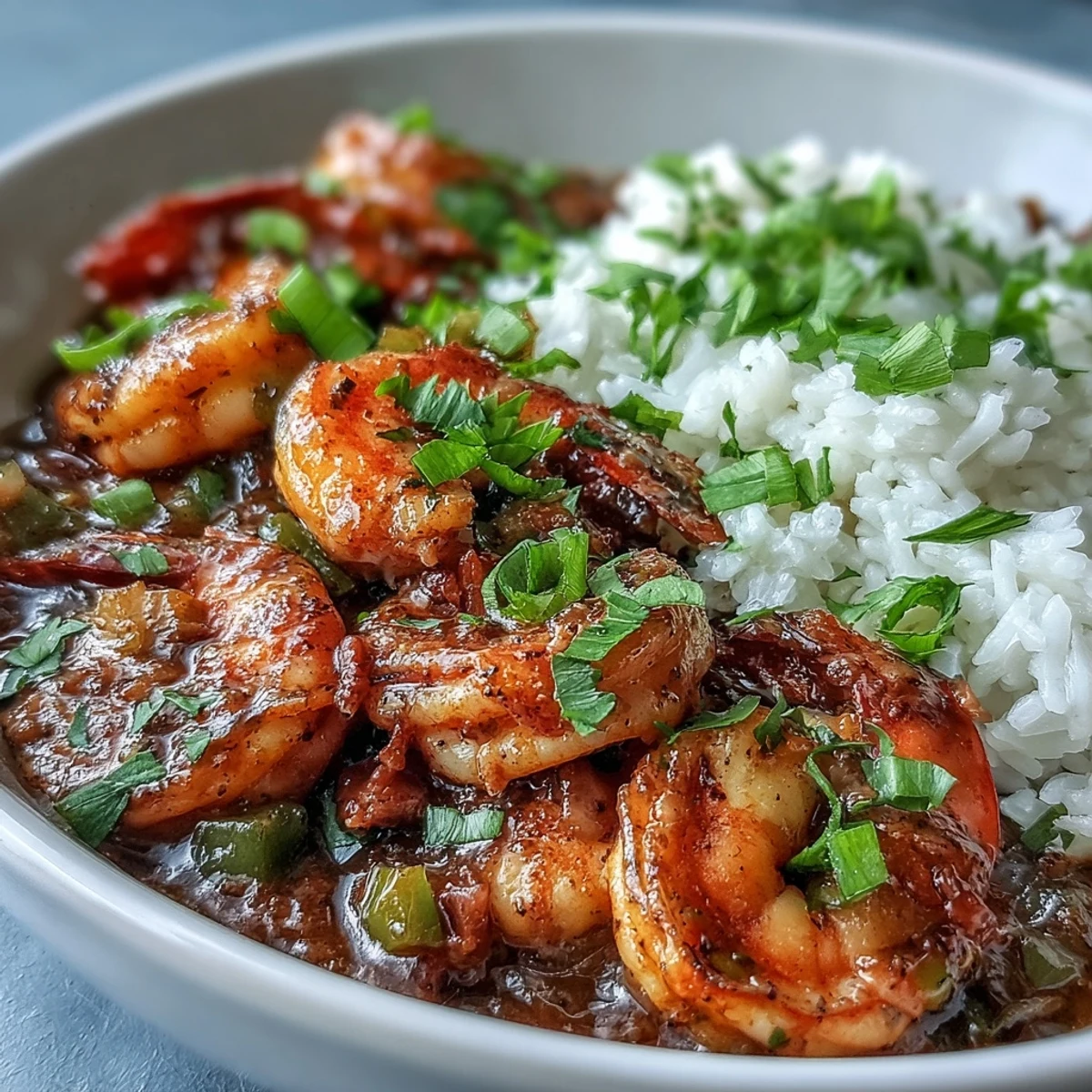 Steaming Classic New Orleans Étouffée with tender shrimp, served alongside fluffy rice for a hearty dinner.