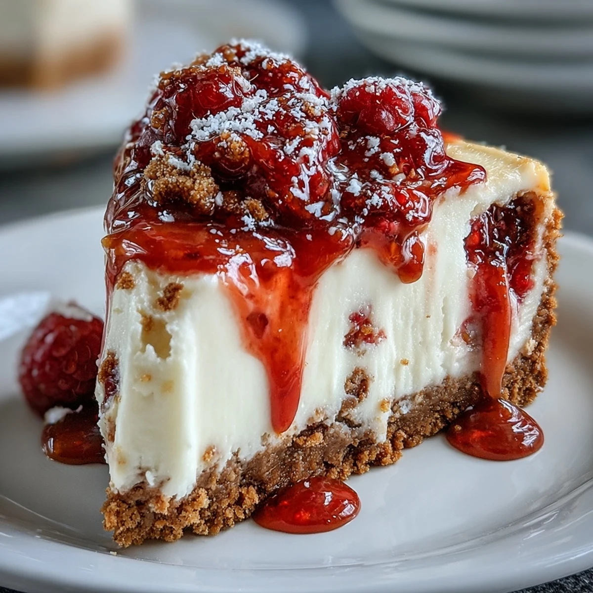 A whole White Chocolate Raspberry Cheesecake Bliss, presented on a platter with vibrant raspberries scattered across the top for a festive look.