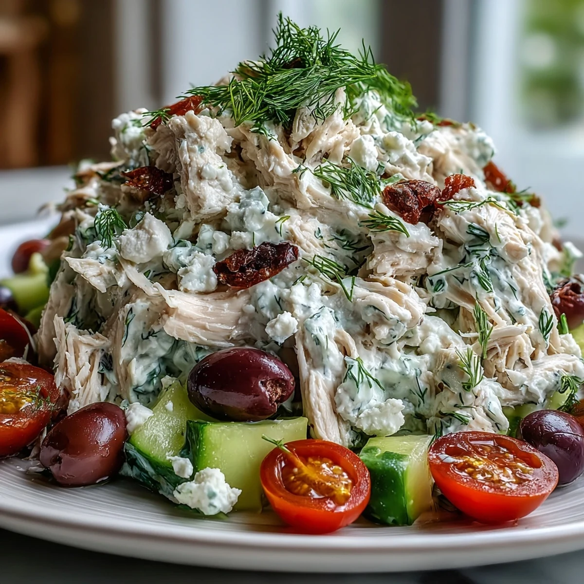 Creamy homemade tzatziki coats tender shredded chicken and crisp veggies in this refreshing Tzatziki Chicken Salad, served over greens.