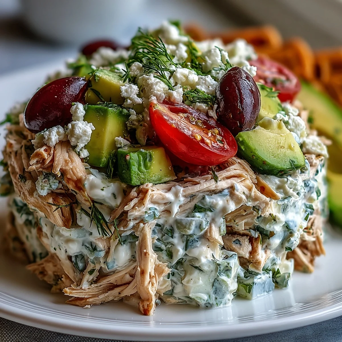 This chilled Tzatziki Chicken Salad features juicy rotisserie chicken, Greek yogurt, and fresh cucumbers, ideal for a quick summer dinner.