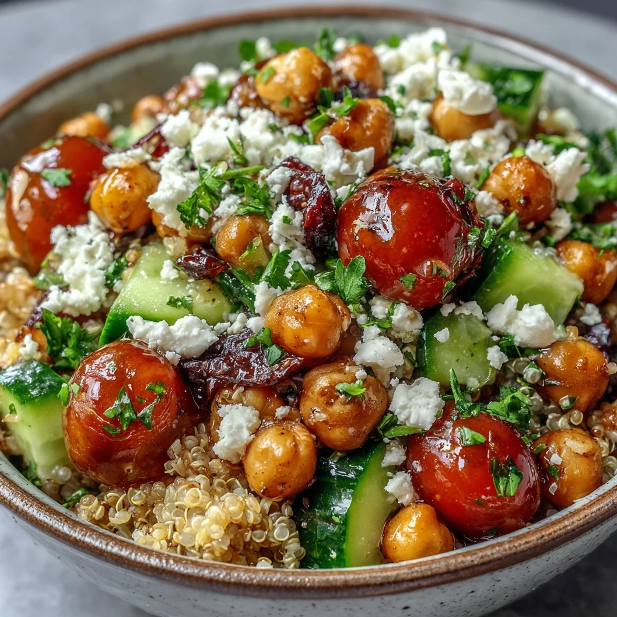 A bowl of High Protein Quinoa & Chickpea Salad with fluffy quinoa, crisp cucumbers, and bright cherry tomatoes.