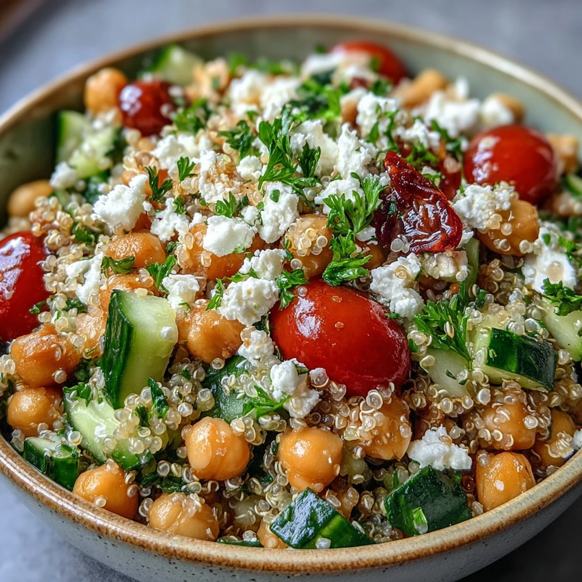 Close-up of High Protein Quinoa & Chickpea Salad featuring hearty chickpeas and a light lemon olive oil dressing.