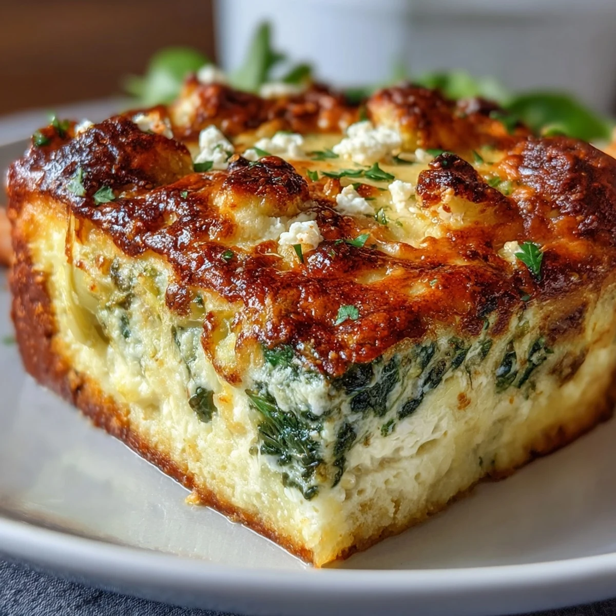 Golden, bubbling High Protein Spinach Artichoke Bake fresh from the oven, served in a rustic dish with a fresh salad on the side.