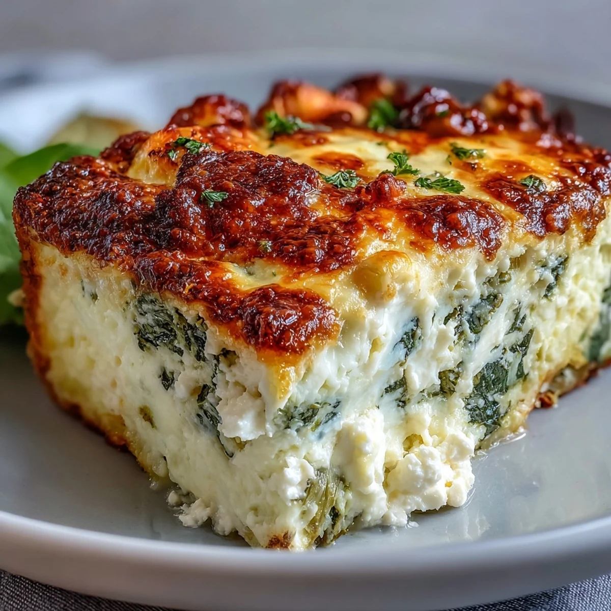 A close-up of a creamy slice of High Protein Spinach Artichoke Bake on a plate, revealing chunks of spinach and artichoke hearts.