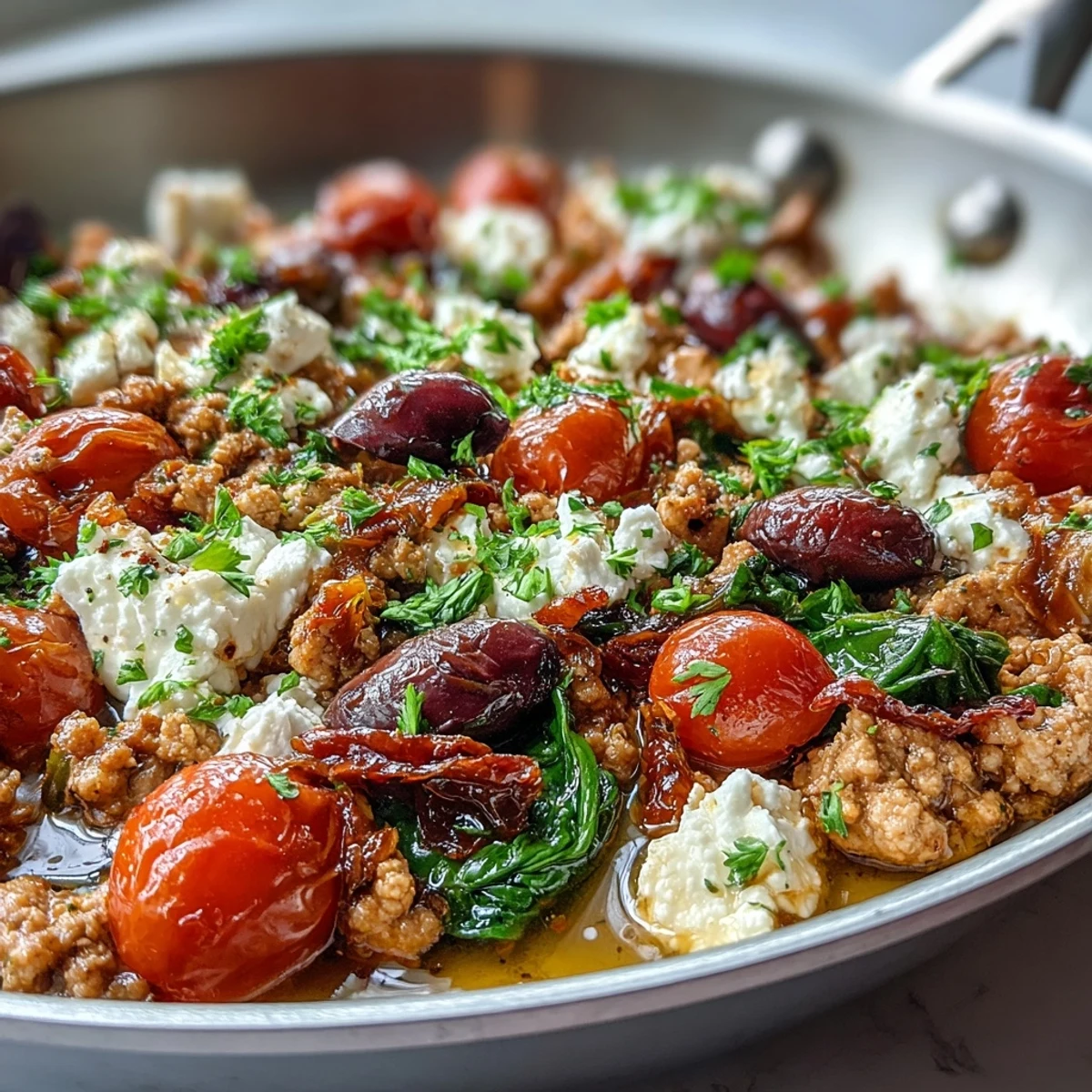 Colorful bowl of Mediterranean Keto Ground Chicken Skillet, featuring ground chicken, cherry tomatoes, Kalamata olives, and creamy feta.
