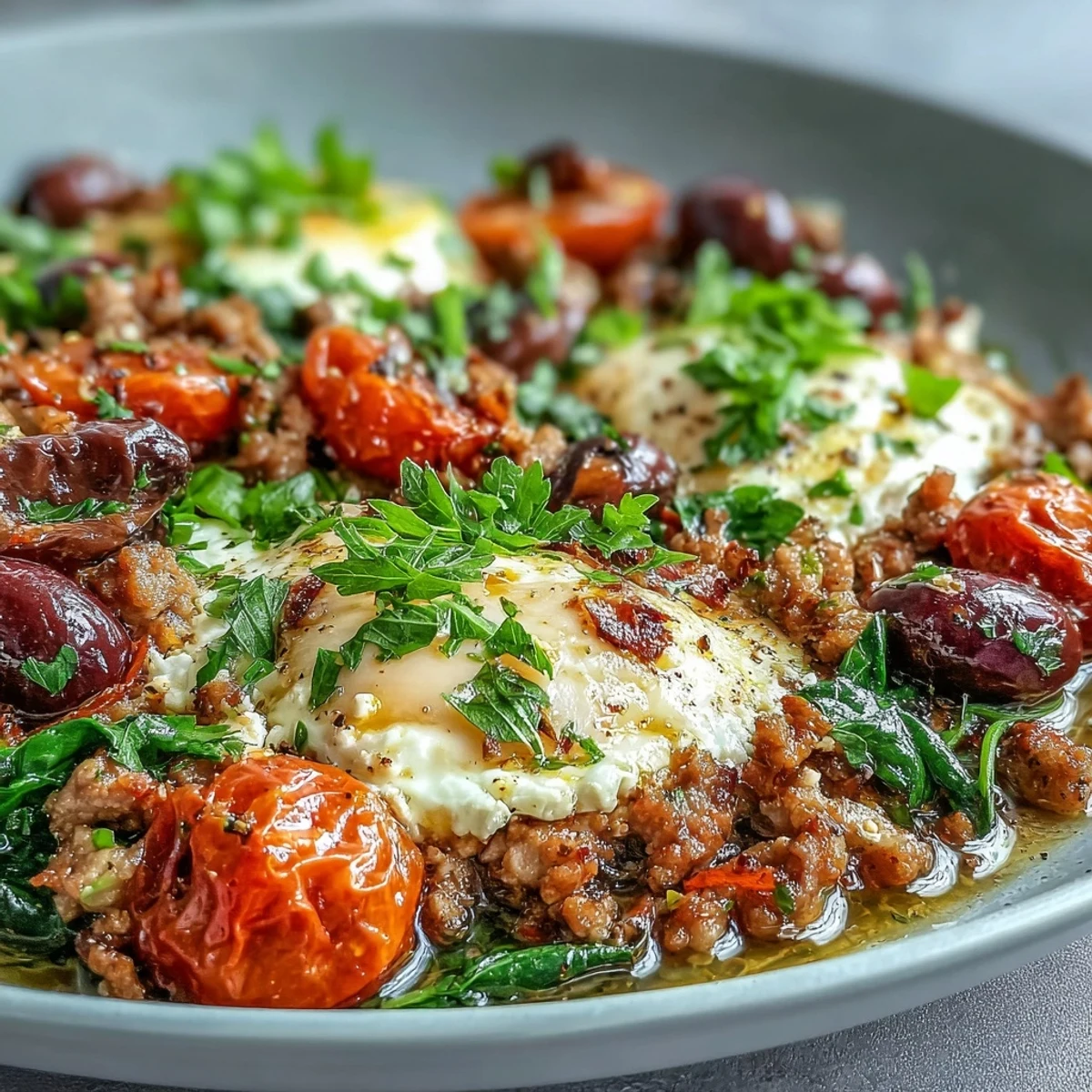 Vibrant Mediterranean Keto Ground Chicken Skillet topped with crumbled feta, fresh herbs, and a bright lemon garnish.