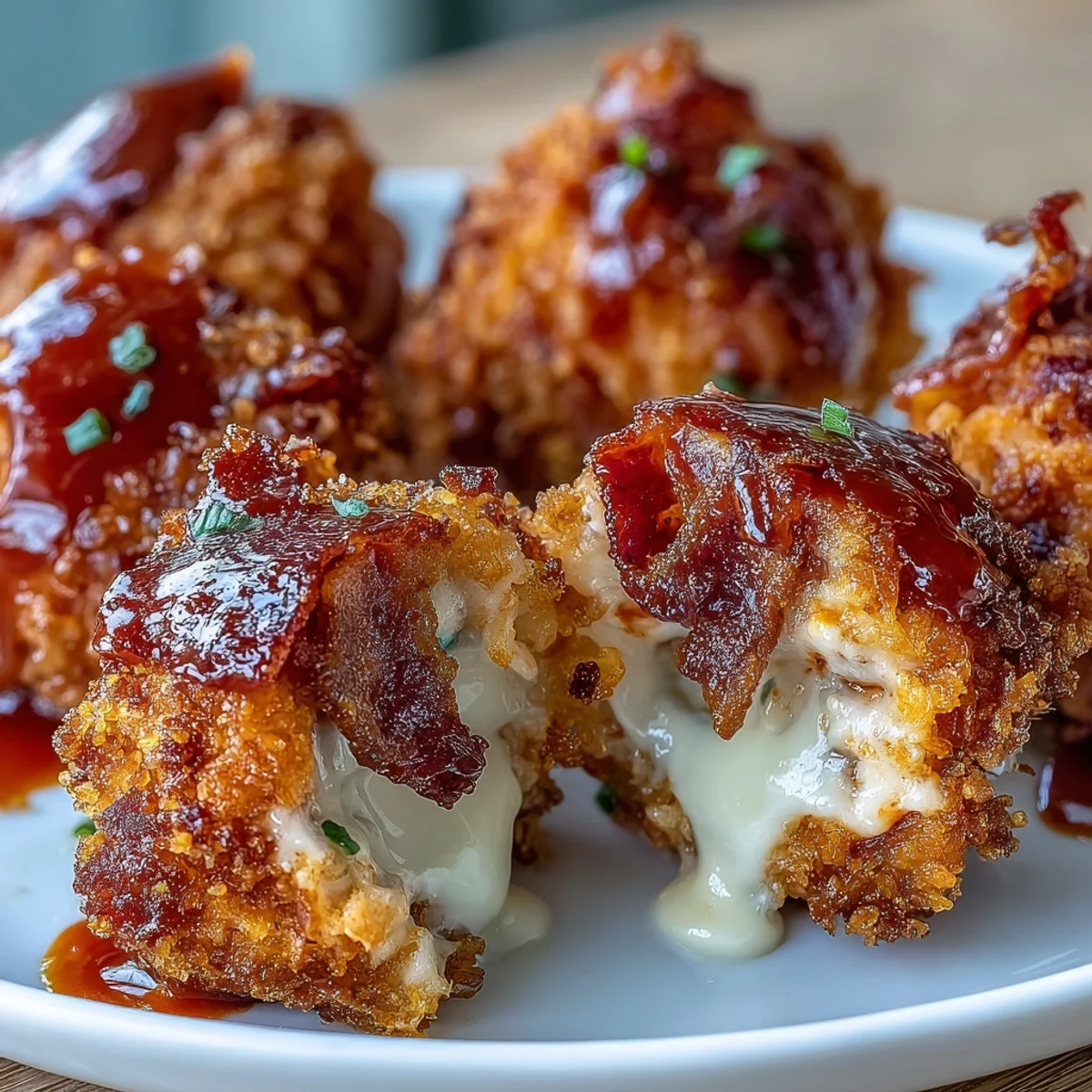 Golden-brown Buffalo Chicken Bacon Mozzarella Bombs arranged on a platter, their crunchy panko crust glistening with a spicy buffalo drizzle and crumbled bacon.  