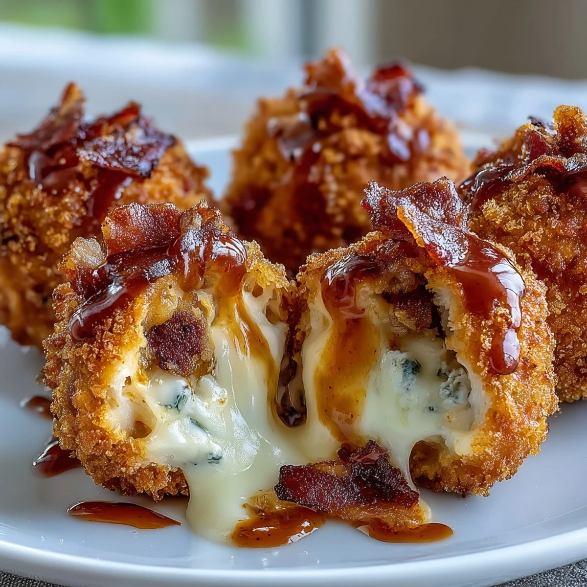 A close-up of Buffalo Chicken Bacon Mozzarella Bombs, revealing the tender chicken, melted mozzarella, and crispy bacon filling inside a panko crust.